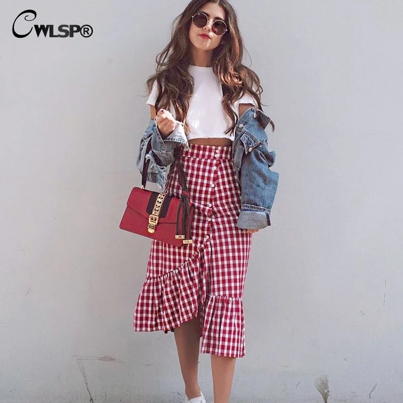 CWLSP New Red Plaid Ruffles Skirts 2018 Summer Sexy Asymmetrical Skirt Sweet Long Trumpet Skirt With Button Saia QZ2821