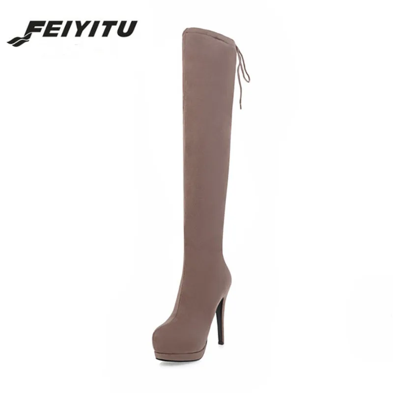 

feiyitu 2018 Hot Sale Sexy Super High Heel Spring Boots On The Platform Over The Knee Boots Side Zip Women Shoes Flock Female