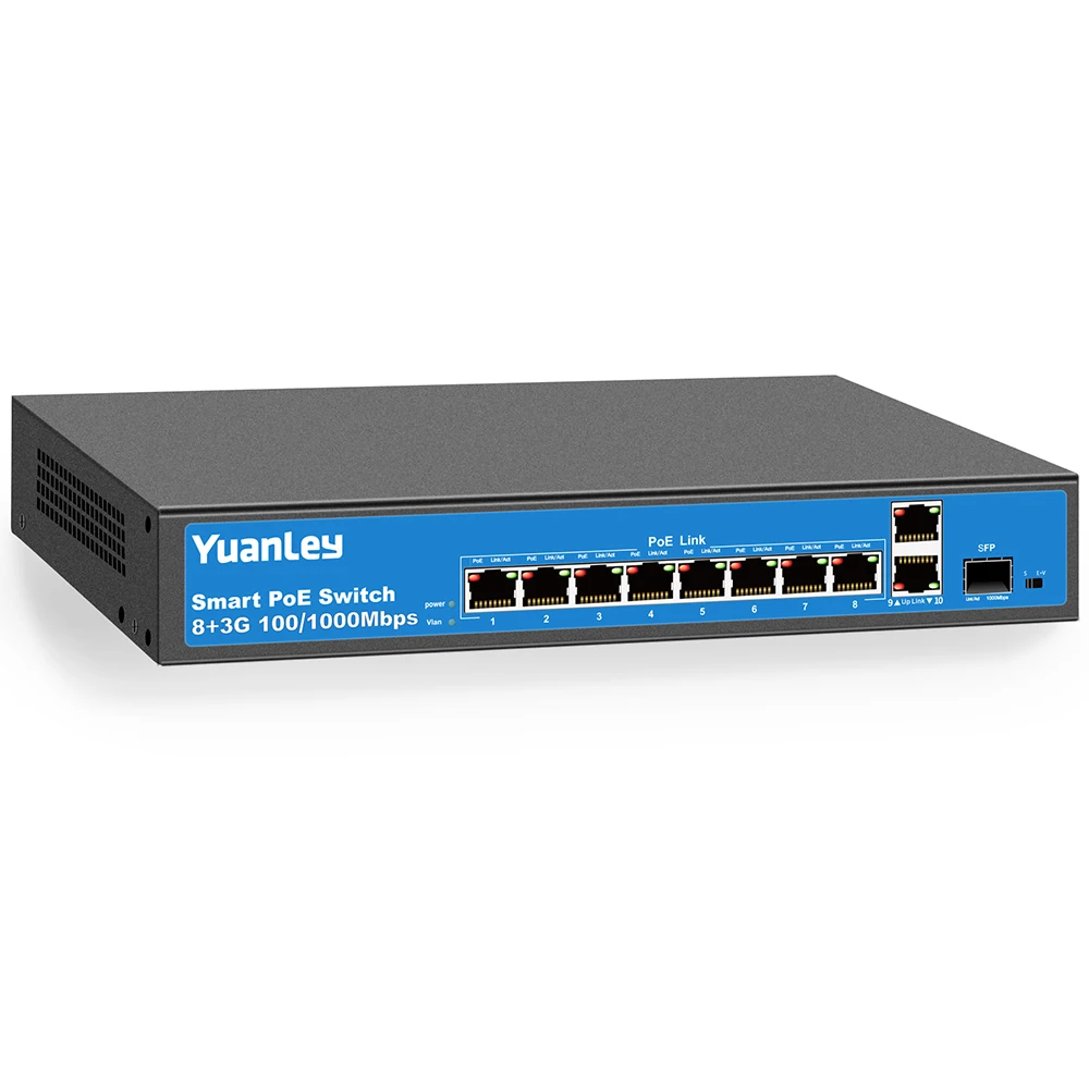 YuanLey 8 Порты и разъёмы гигабитный коммутатор питания через Ethernet, 2 Uplink порт Gigabit, 1 для программирования в производственных условиях Порты и разъёмы, 120W 802.3af/at, 1" стойки, безвентиляторный неуправляемый Plug& Play