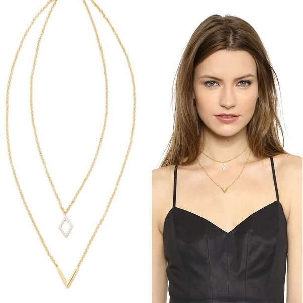 2017 New Gold Color Alloy Geometric Rhinestone Double Chain Pendant