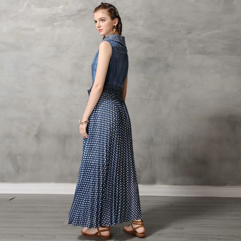 Vintage Summer Long Dress Women Sleeveless Turn Down Collar Blue Dot Patchwork Chiffon Denim Dresses W/ Belt