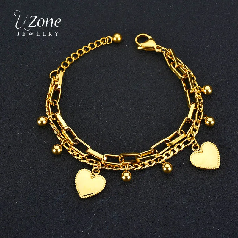 

UZone Stainless Steel Double Layer Bead Heart Bracelets & Bangles Charm Link Bracelets For Women Love Gold Chain Jewelry