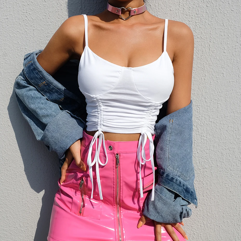 

2019 New Spaghetti Strap Ruched Tank Tops Women Green Camis Sleeveless Crop Top Sexy Bandage Shirts Summer Female Tops