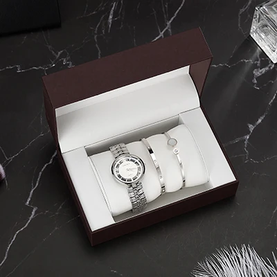 4 шт высококачественные часы для подарка женские кварцевые часы с 2 шт браслетом из нержавеющей стали набор с подарочной коробкой лучшие продажи часов - Цвет: silver