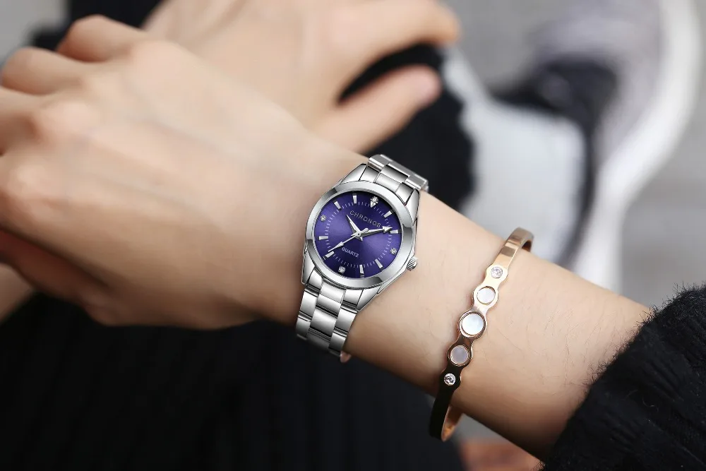 CHRONOS женские часы из нержавеющей стали, стразы, серебряный браслет, Кварцевые водонепроницаемые женские деловые аналоговые часы, розовый синий циферблат