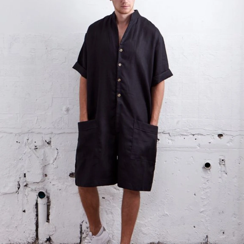 Laamei Casual Men Pants Rompers Solid Jumpsuit Leisure Button Loose Pockets Trousers Men Overalls Muslim Islamic Streetwear