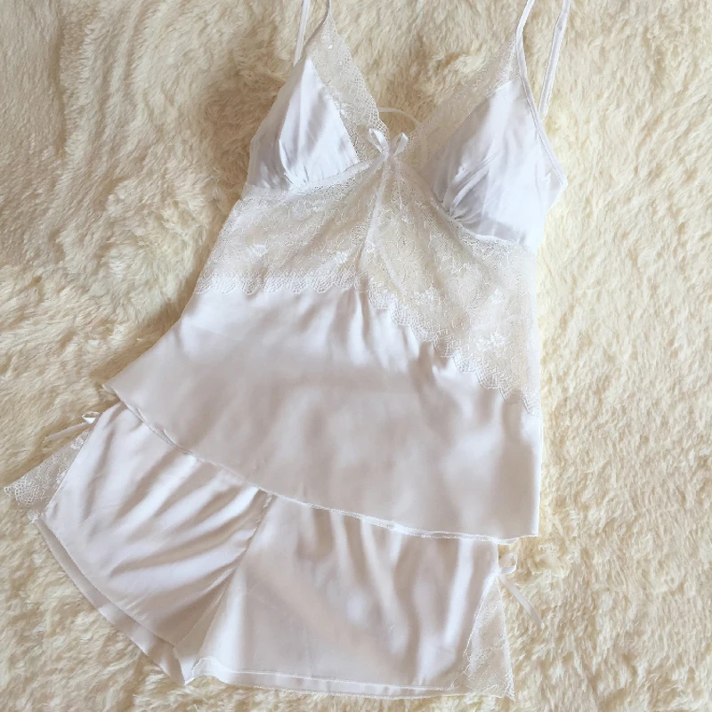

New Arrival White Summer 2PCWomen's Deep V Straps Nightgown Lace Lingerie Pajamas Female Sexy Nightwear Pyjamas Set Pijama M-XXL