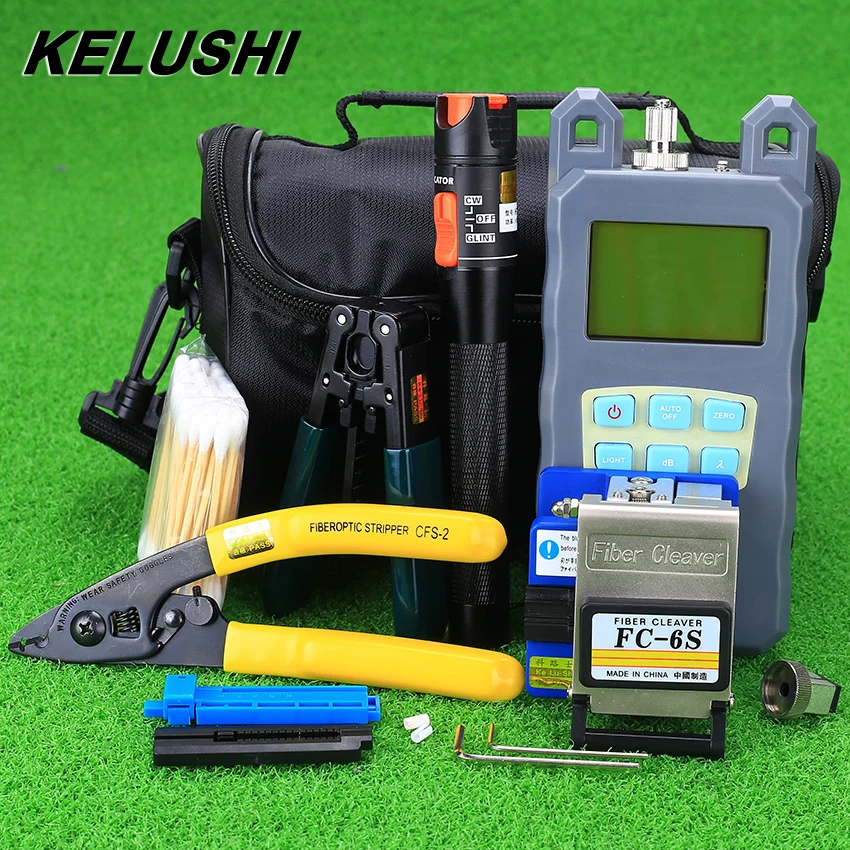 

KELUSHI 19pcs Fiber Optic FTTH Tools Kits Optical Power Meter with FC SC Connector Visual Fault locater 1MW Optic Cable Tester