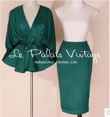 

Europe and America Vintage Hepburn Sprint And Summer Elegant Retro Emeralds Color Bat Sleeve Pencil Dress