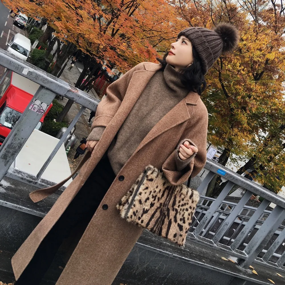 

Women Coat Wool Blend Jacke Big Pocket Belt Slim Was Thin Medium Long Section Lapel Jacket Leisure Autumn Winter Elegant Jacket