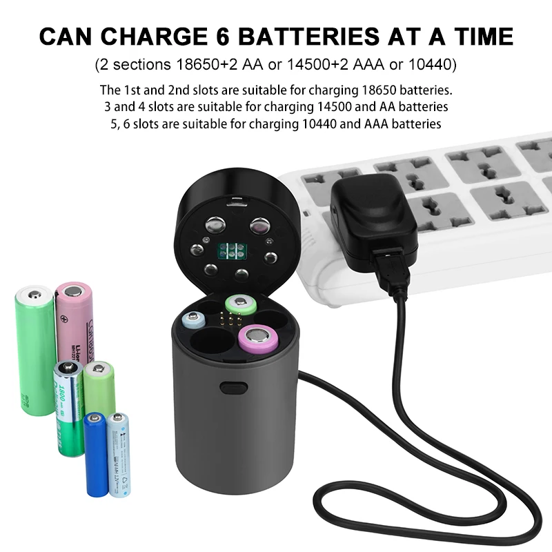 

6 Ports Smart USB Rechargeable Multi-function Battery Charger AA AAA 18650 Lithium Battery Charger With Phone Charging