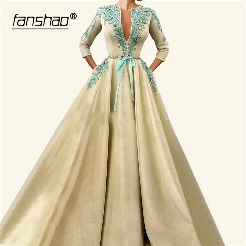 

2019 Muslim Evening Dresses Three Quarter V-Neck vestidos de festa Dubai Saudi Arabic Evening Gown Prom Dress