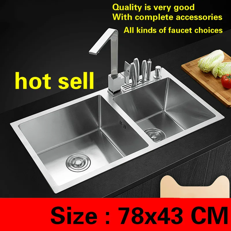 

Free shipping Standard fashion kitchen manual sink double groove durable 304 food grade stainless steel deluxe hot sell 78x43 CM