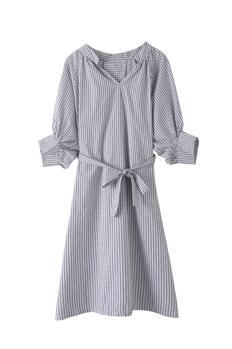 

2019 new maternity dress plaid V-neck seven-point sleeve loose long shirt skirt pregnant women skirt