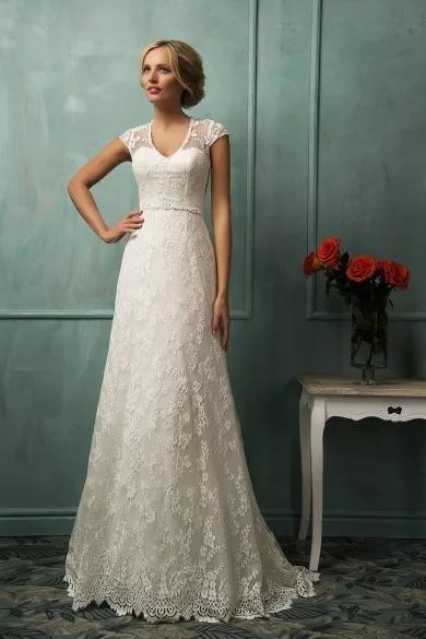 

A line Lace Wedding Dress 2016 Scoop Cap Sleeve Custom Appliqued Vintage Bridal Dress vestido de noiva casamento trouwjurk