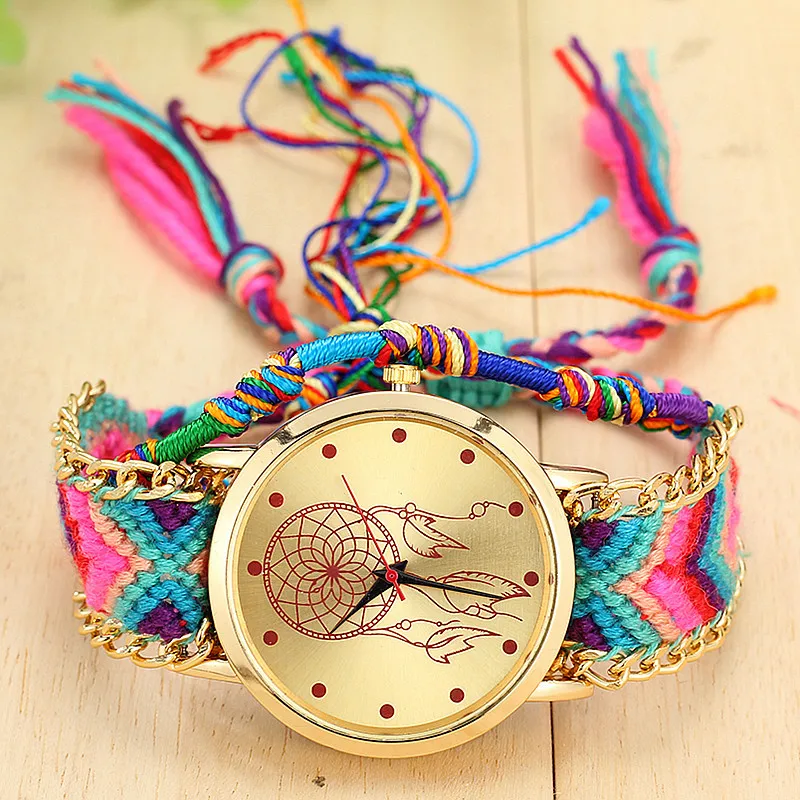 Vansvar Vintage Женщины Родной Ручной Кварцевые Часы Трикотажные Ловец Снов Дружбы Relojes