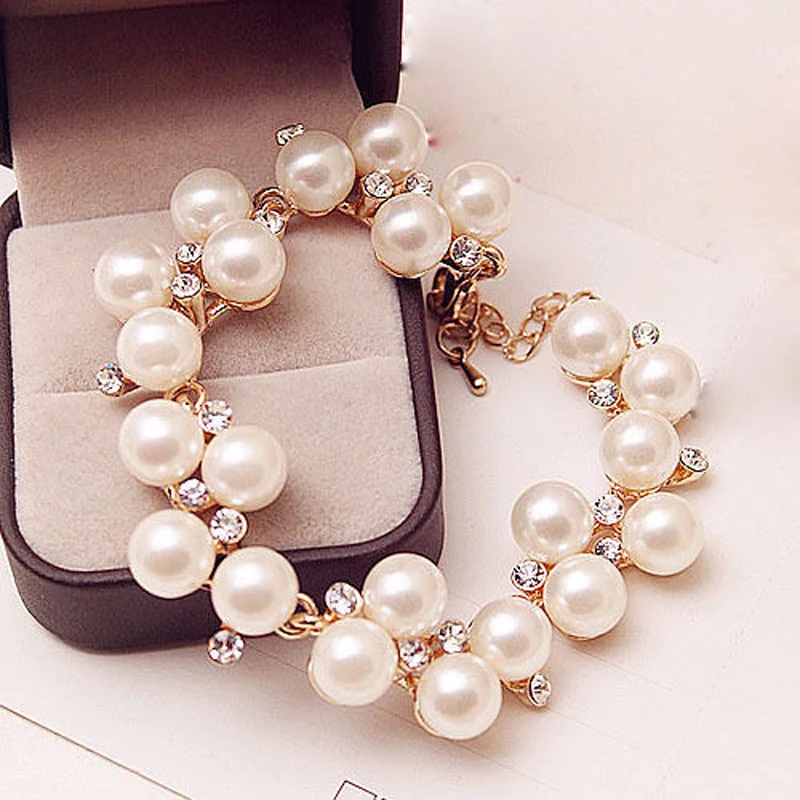 

Charm Bracelets Gold Plated Simulated Pearl Crystal Beads Bangle Wedding Jewelry Accessories Gift