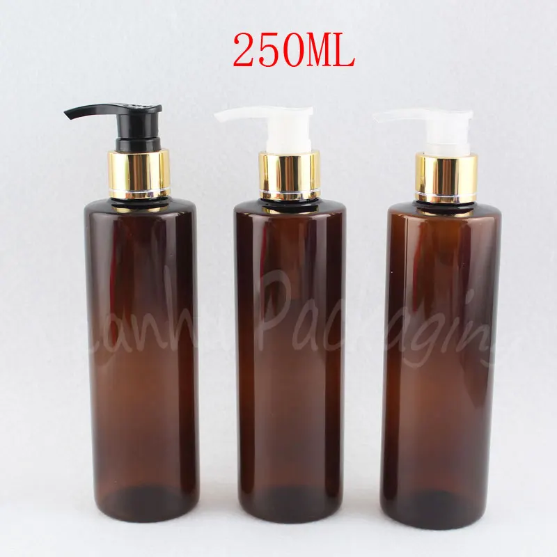 

250ML Brown Flat Shoulder Plastic Bottle With Gold Lotion Pump , 250CC Makeup Sub-bottling , Shampoo / Lotion Packaging Bottle