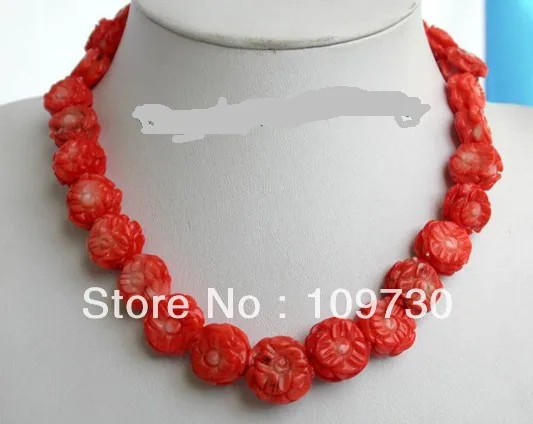 

Jewelry 0011882 Amazing big 13mm carve red coral flower beads necklace 14KGP clasp
