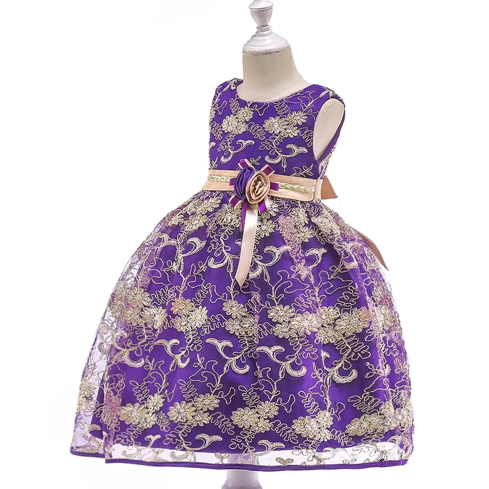 

Summer Girl Floral Dress Sleeveless Lace Flower Embroidery Bow Tie Wedding Girls Princess Dresses NSV775