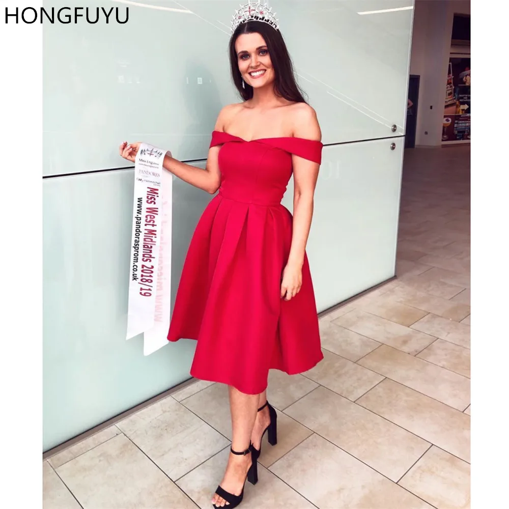 

HONGFUYU Hot Pink Short Homecoming Dresses vestido festa curto Satin Prom Gown Sleeveless Off the Shoulder Formal Cocktail Dress