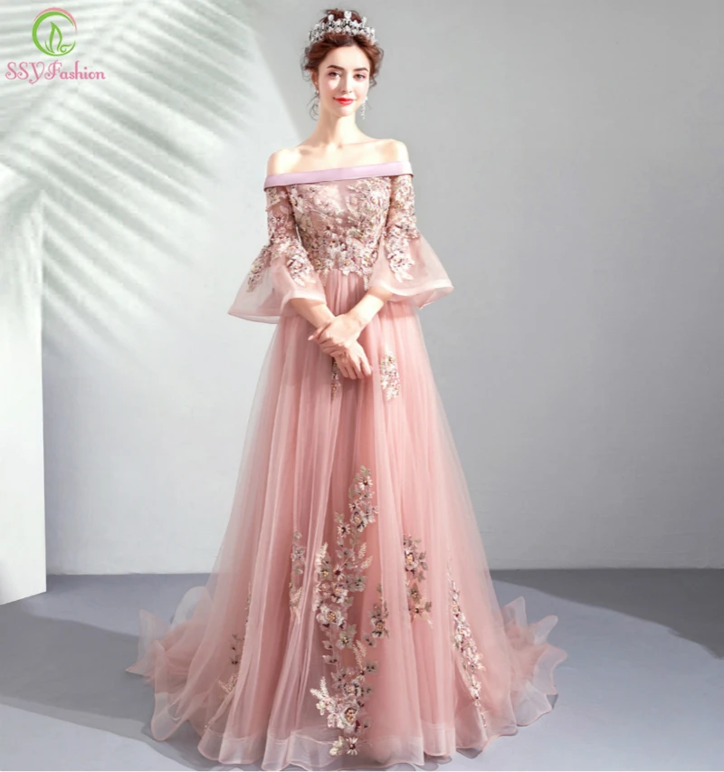 SSYFashion новое розовое вечернее платье с вырезом-лодочкой и рукавами 3/4, кружевное вышитое бисером длинное вечернее платье в пол