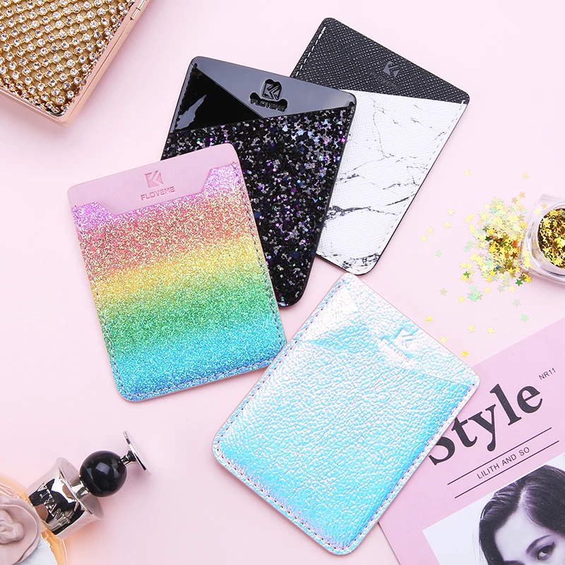 FLOVEME Fashion Glitter 3M Adhesives Cash Credit ID Card Sticker Pocket Pouch Soft PU Universal Girl Phone Holder |