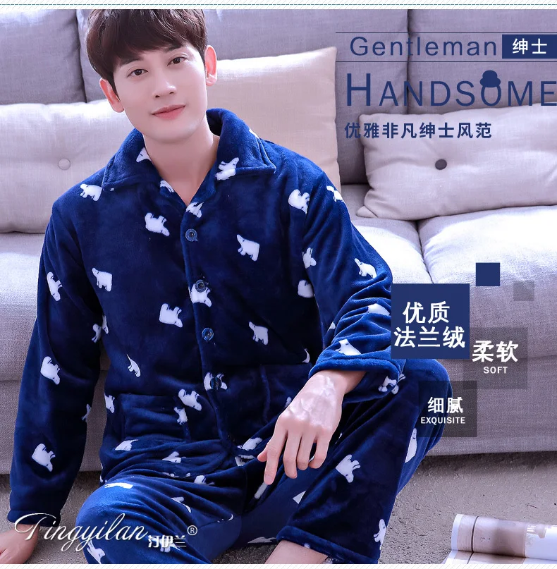 Men Pajama Sets Winter Autumn Coral Fleece Warm Men Sleepwear Suits Thick Homewear Long Sleeve Pijama Man Sleep Pyjama XXXL