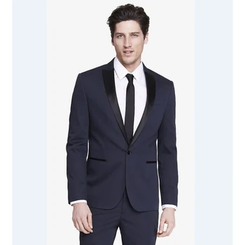 

New Arrival Groomsmen Peak Black Lapel Groom Tuxedos Navy Blue Mens Suits Wedding Best men suit (Jacket+Pants+Tie+Hankerchief)
