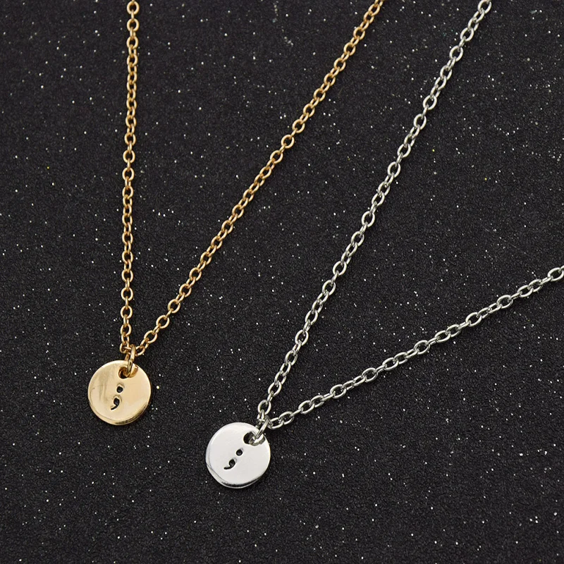 

fashion lychee Inspirational Semicolon Circle Pendant Engraving Silver Chain Necklace for Women Men Jewelry
