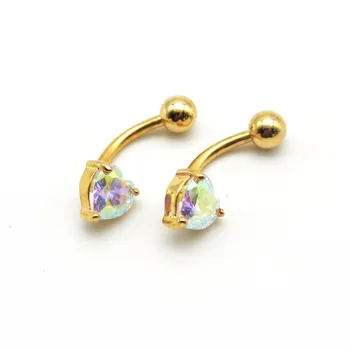 

HENGKE Crystal CZ Gem Zircon AB Gold Belly Bar 14G 316l Stainless Steel High Quality Heart Love belly button rings For Women