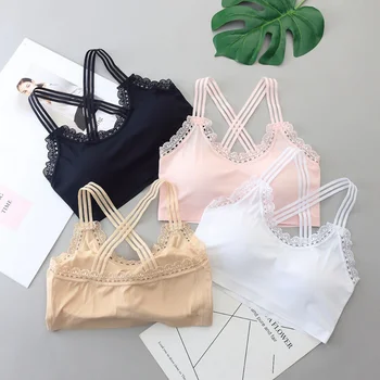 

Women Lace Stitching Tank Top Straps Chest Pad Tube Tops Women Lace Cropped Padded Bra