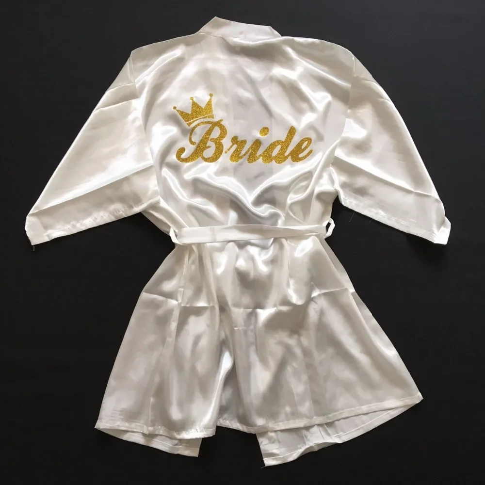 Women Bride Golden Glitter Print Kimono Robes Faux Silk Bachelorette Wedding Preparewear