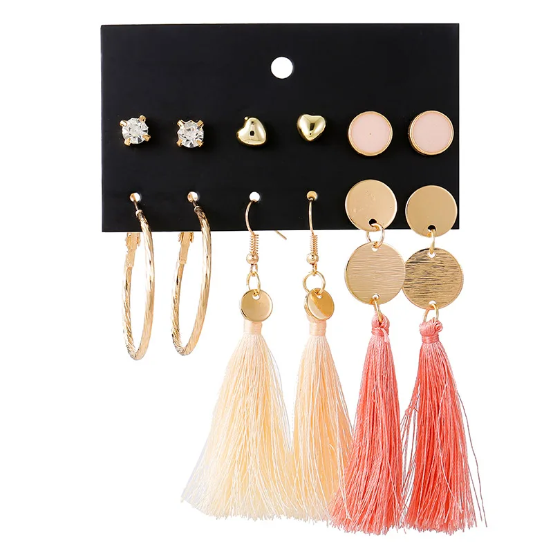 

YANG&RH 6 Pairs/Lot 2019 New Trendy Heart Crystal Bridal Jewelry Stud Earrings Sets for Women Vintage Coin Tassel Circle Earring