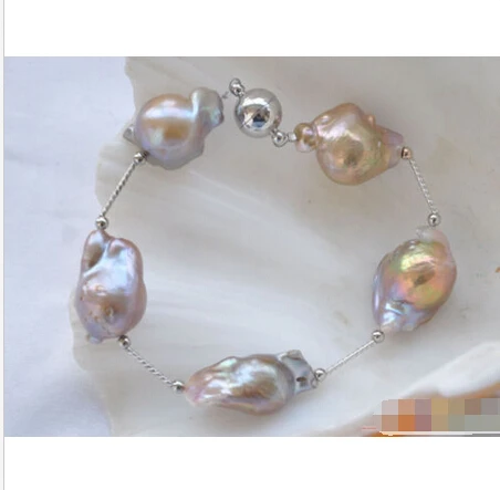 

P4014 8" 17mm lavender BAROQUE KESHI REBORN PEARL gild 5star bracelet @^Noble style Natural Fine jewe FREE SHIPPING