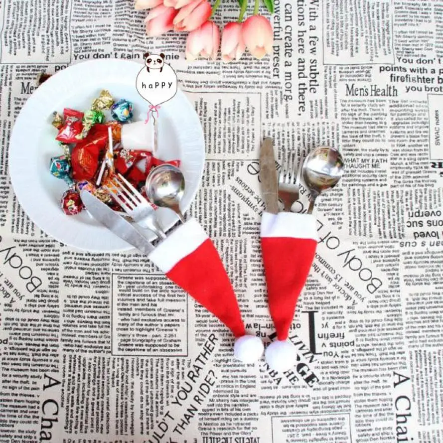 

Christmas Decorative tableware Knife Fork Set Christmas Hat Storage Tool Knife Holder For Chopsticks Fork Cooking Tool 8.15