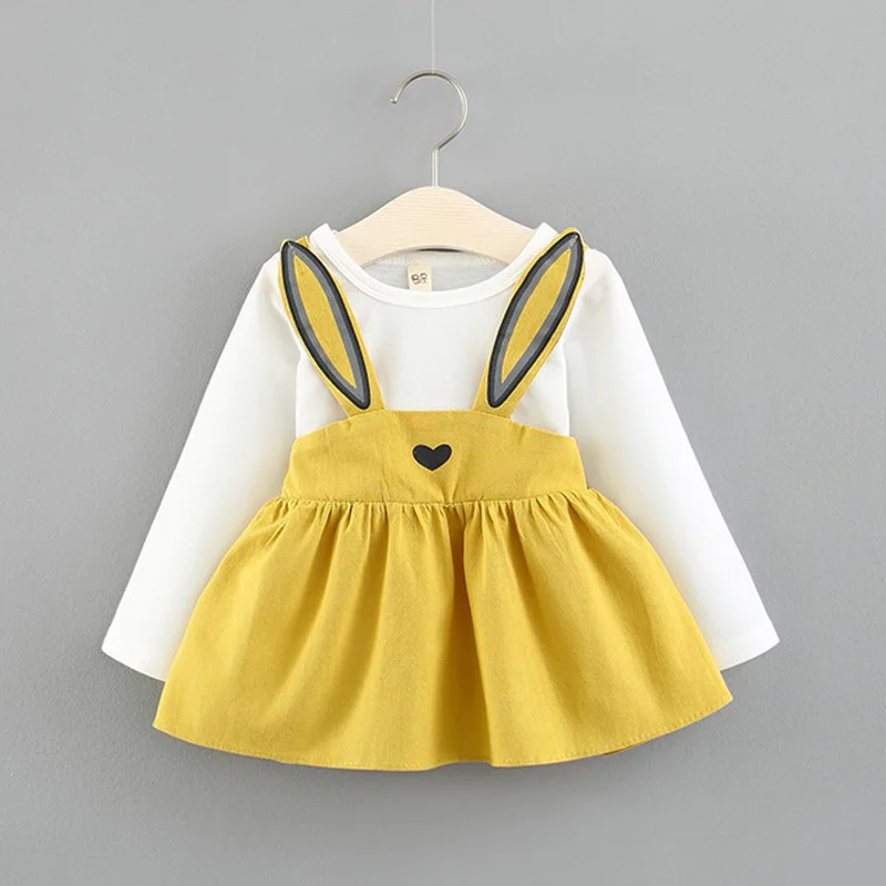 Baby spring and autumn new girls cotton long-sleeved dress baby cartoon cute fake two-piece strap skirt