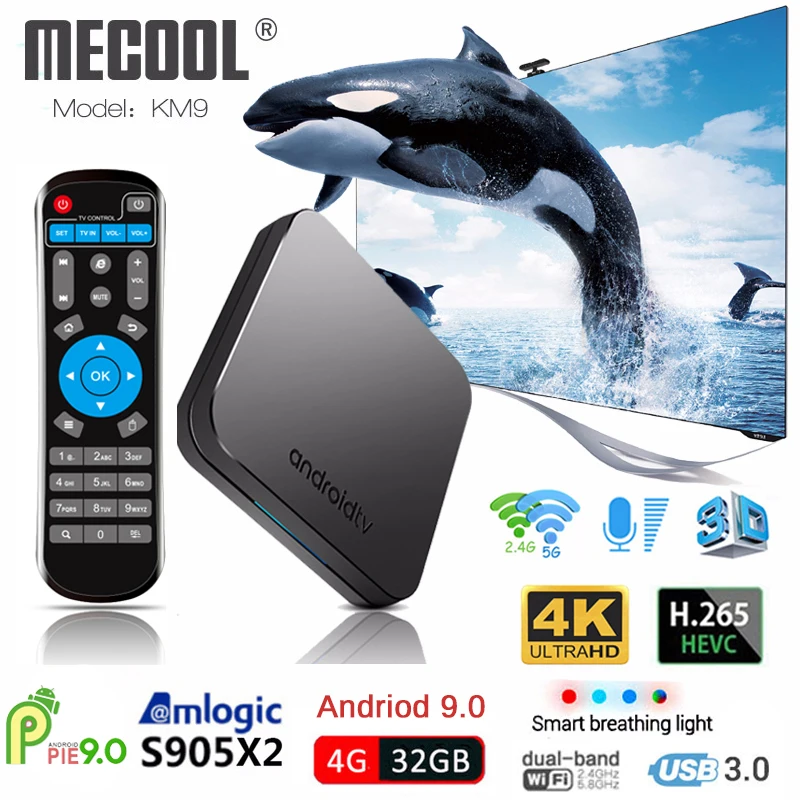 

Mecool KM9 Android 9.0 Smart TV Box S905X2 4GB DDR4 RAM 32GB ROM 2.4G/5G WiFi BT 4.1 USB 3.0 Top Box 4K H.265 Media Player