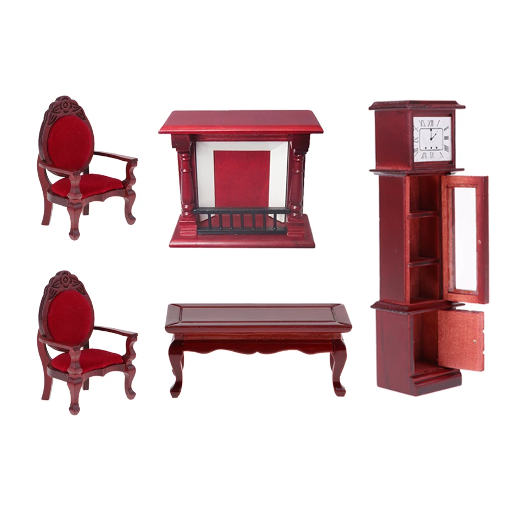 MagiDeal 5pieces 1:12 Dollhouse Wood Table Chair Floor Clock & Fireplace Set