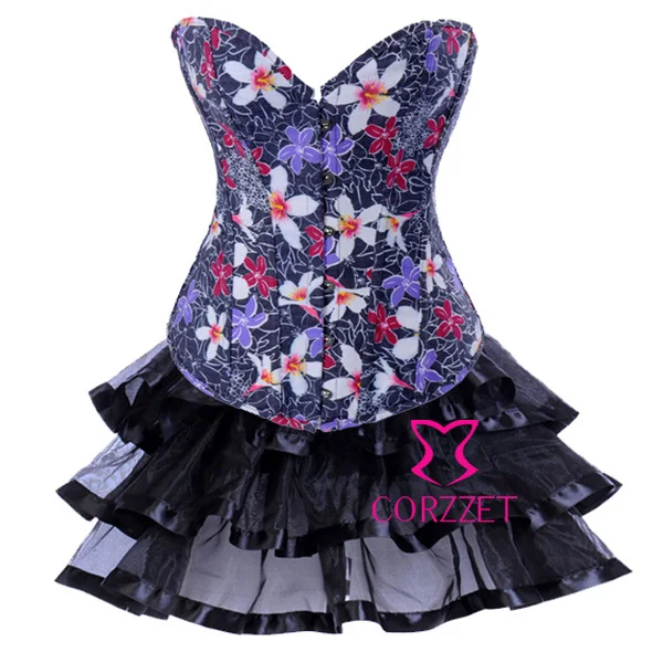 Beautiful Flowears Print Denim Overbust Corset Dress Sexy font b Women b font Corpete Jean Top