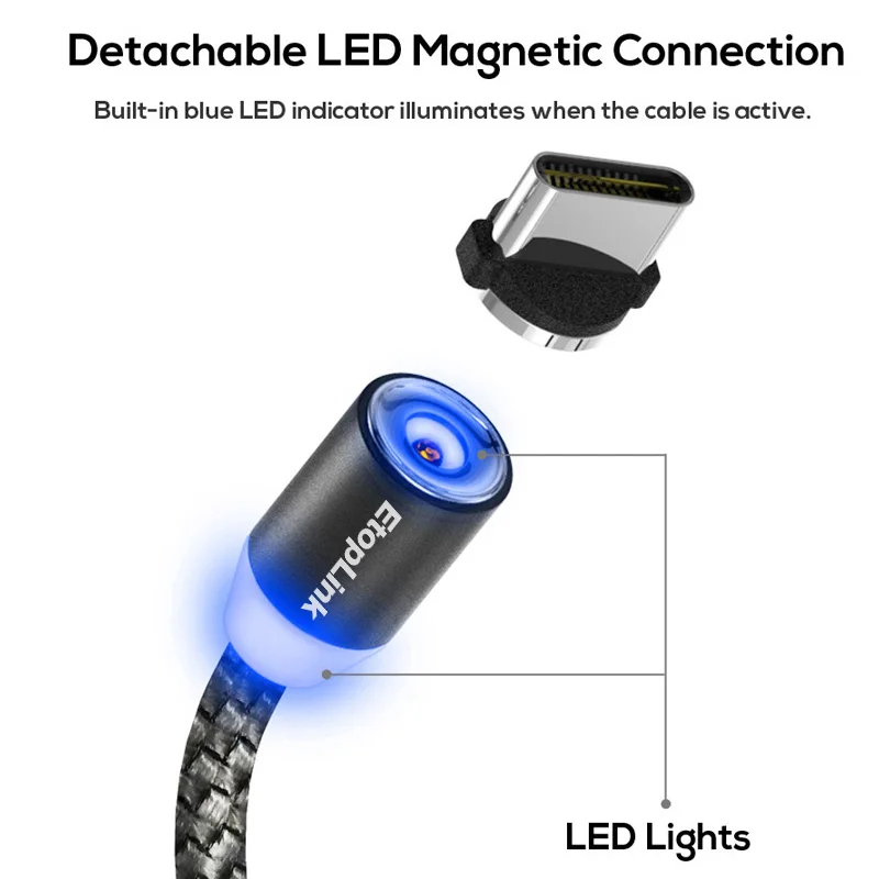 EtopLink كابل مغناطيسي شحن كابل يو اس بي المغناطيس شفط النايلون كابل الشاحن LED كابل يو اس بي s المصغّر usb نوع C 3in1 التوصيل اختياري