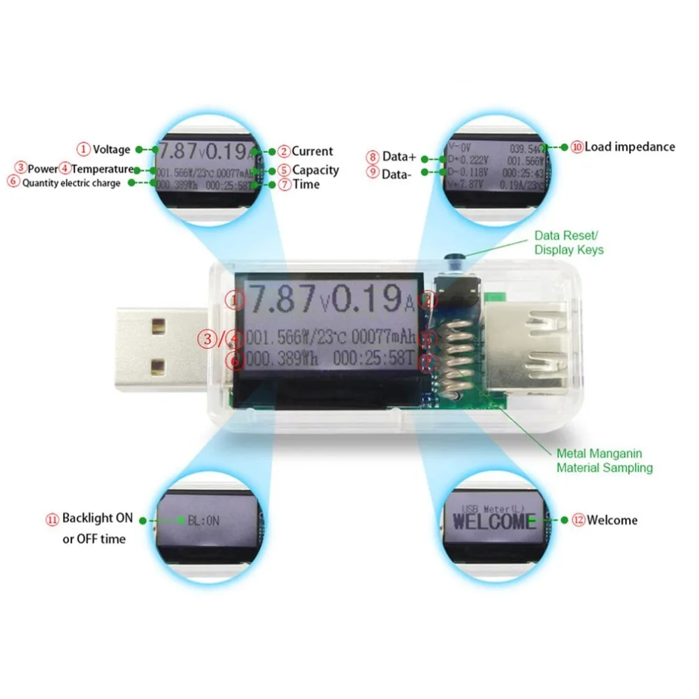 Портативный 12 в 1 USB тестер постоянного тока цифровой вольтметр Voltagecurrent метр амперметр детектор power Bank зарядное устройство индикатор