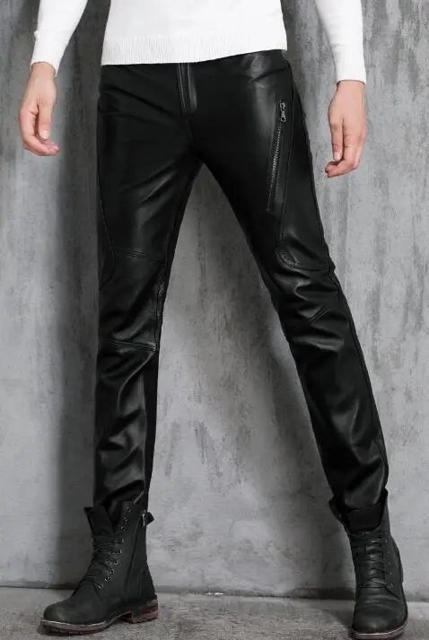 Зимние новые мужские тонкие штаны из натуральной кожи, корейские мужские штаны из овечьей кожи, мотоциклетные штаны, ветрозащитные повседневные мужские брюки - Цвет: Черный