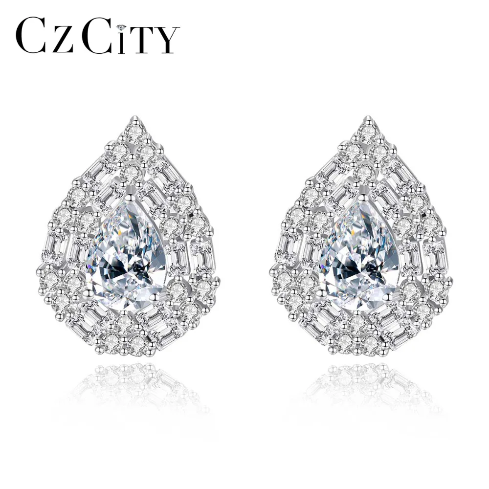 

CZCITY Luxury 925 Sterling Silver Waterdrop Gemstone Stud Earring for Women Tiny Sparkling CZ Wraped Engagement Earrings Brincos