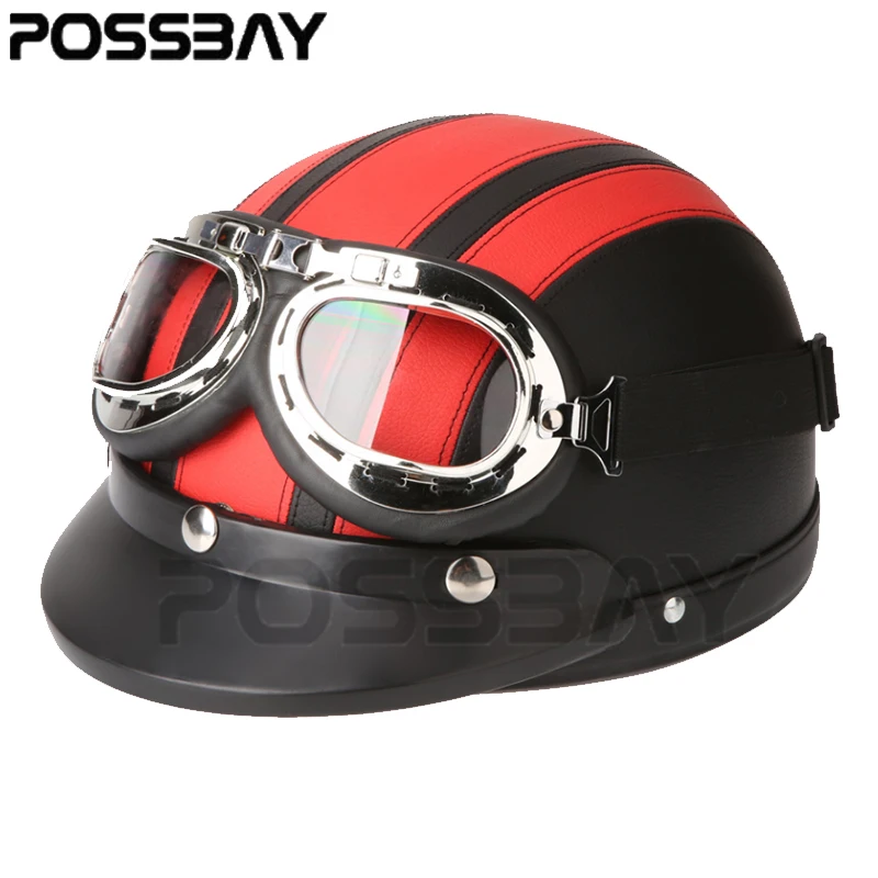 Vintage Leather Motorcycle Cruiser Open Face Half Helmet Scooter