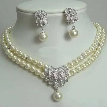 

free shipping 07644 Real White Pearl Pendant Necklace Earrings Set (A0423)
