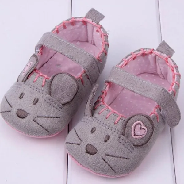 Хлопковая мягкая обувь для малышей серого и розового цвета с рисунком мышки из мультфильма с затененной мягкой подошвой