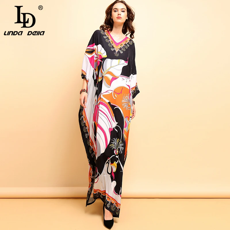 LD LINDA DELLA Fashion Runway Plus Size Dress Women's Batwing Sleeve Printed Side Split Vintage Vacation Loose Maxi Long Dresses