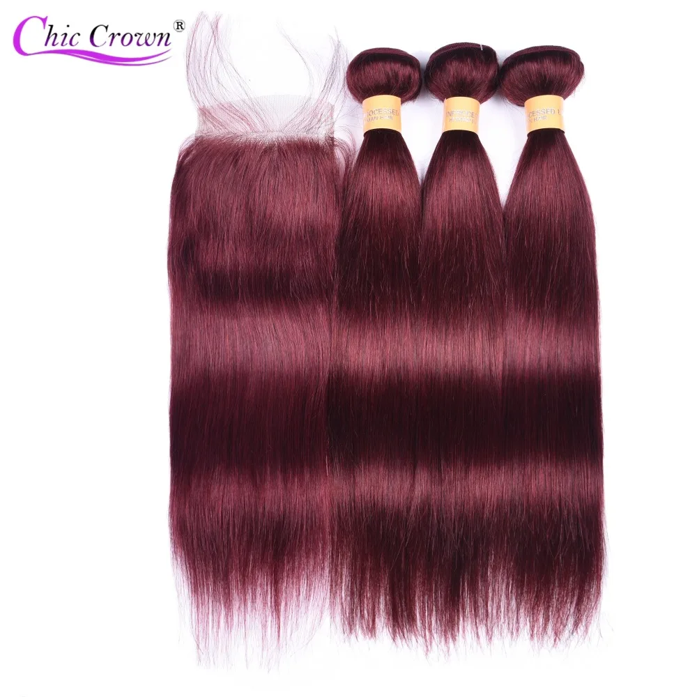 

Burgundy Bundles With Closure Pre Colored Red Bundles Brazilian Human Hair 99j Bundles With Closure Cheveux Humain Chic Crown