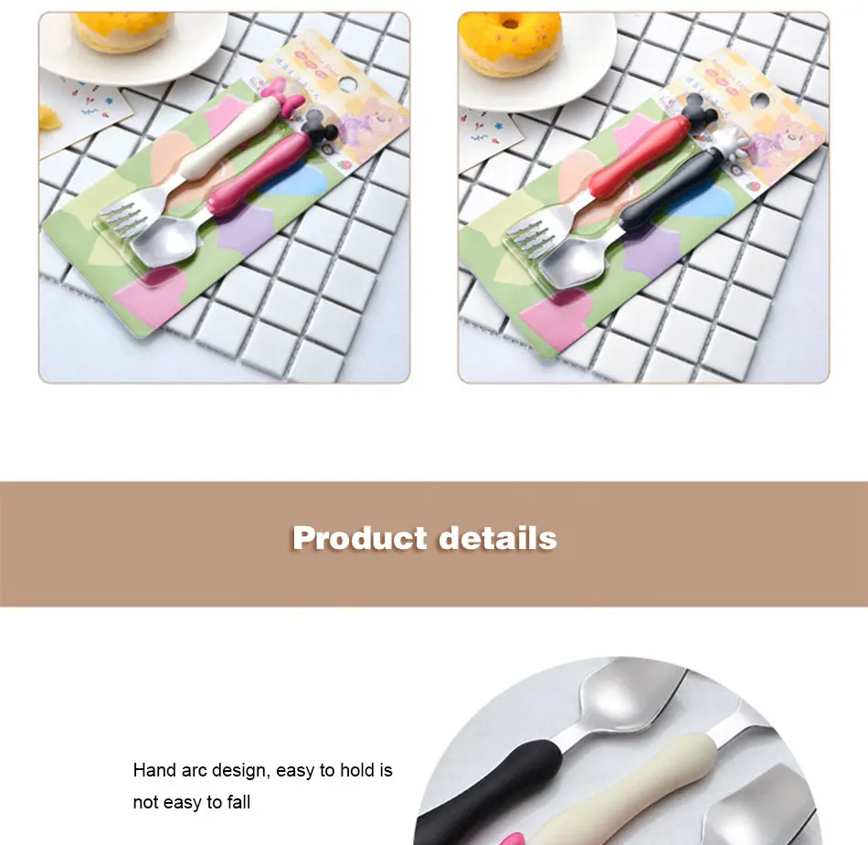 Lovely Cartoon Stainless Steel Mickey Minnie Fork Kids Dinnerware Tableware Set Child Baby Soft Silicone Handle Children Cutlery (5)